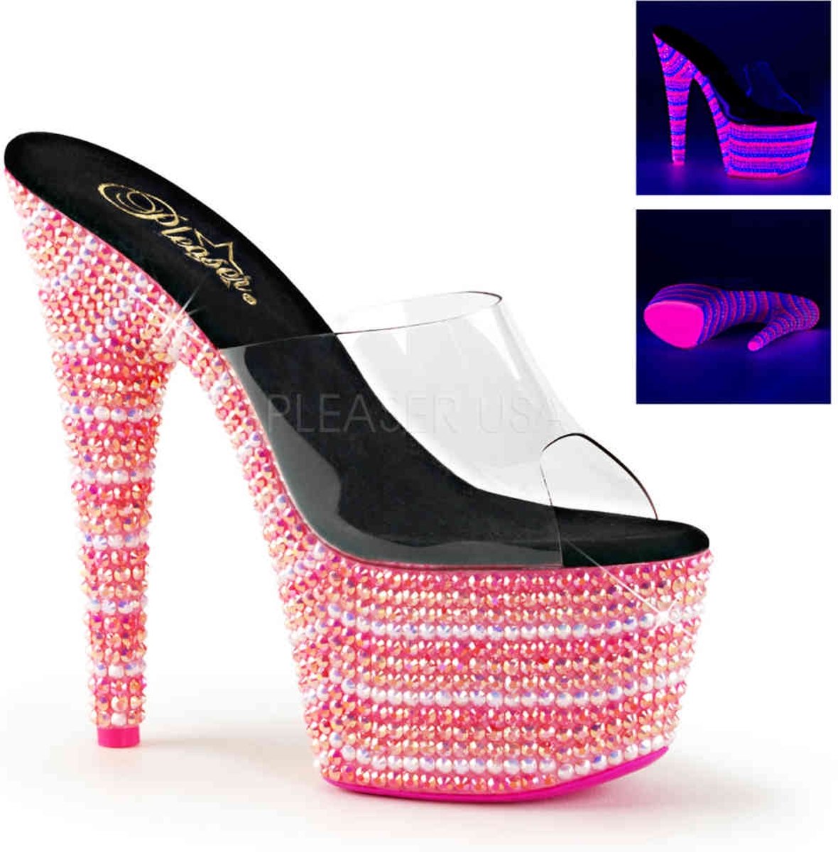 EU 37 = US 7 | BEJEWELED-701UV | *7 Heel, 2 3/4 PF Slide, Neon UV Reactive